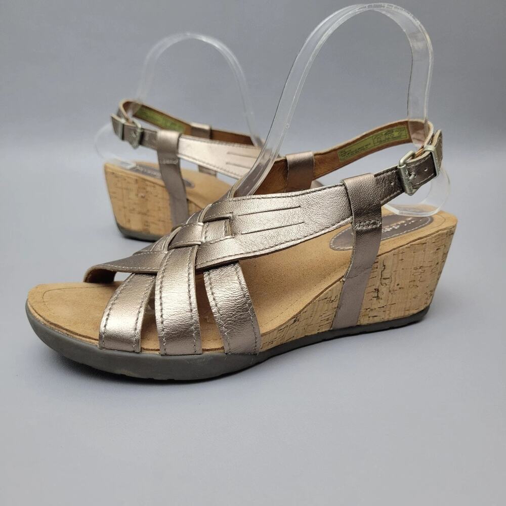 Bussola Womens Open Toe Wedge Slingback Sandal Gold Leather Latice Weave 8-8.5